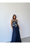 Navy Blue Strapless Embroidered Bustier Detailed Long Evening Dress - 2