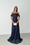 Navy blue lace-trimmed, underwire-enhanced, off-the-shoulder long evening gown