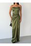 Khaki Strapless Waist Knotted Underwire Slit Long Evening Dress - 4