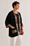 Ethnic Pattern Detailed Black Kimono with Pockets & Bohemian Style - 2