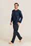 Men's Navy Blue Long Sleeve Buttoned Collar Pajama Set (with Socks as a Gift) - 4