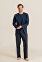 Men's Navy Blue Long Sleeve Buttoned Collar Pajama Set (with Socks as a Gift) - 5