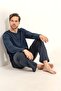 Men's Navy Blue Long Sleeve Buttoned Collar Pajama Set (with Socks as a Gift) - 7