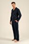 Men's Navy Blue Long Sleeve Patterned Shirt Pajama Set (with Socks as a Gift) - 5
