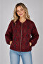 Women's Red Ethnic Patterned Zippered Lined Double Pocket Bomber Jacket Cashmere Coat - 3