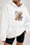 3 İplik Spider Cat Sweatshirt - White Printed Oversize Hooded Hoodie