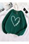 3 Thread Butterflies Heart Thick Winter Sweatshirt - Nefti Green Printed Oversize Raised Crew Neck