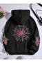 3 Thread Spider Sleeve Detail Thick Winter Sweatshirt - Black Printed Oversize Hoodie with Pockets