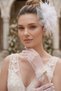 Pearl Stone Detailed Tulle Bridal Gloves and Feathered Floral Bridal Cap Wedding Marriage Engagement Accessory Set