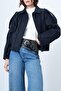 Women's Oversize Epaulet Bomber Navy Blue Leather Suede Jacket - 4