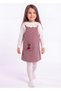 Girl's Cherry Detailed Velvet Gilet, Scallop Collar, Long Sleeve, Double Set, Seasonal and Winter Pink Salopet Dress (2-3-4-5 Years)