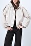Women's Oversize Epaulet Bomber Ecru Leather Suede Jacket - 4