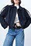 Women's Oversize Epaulet Bomber Navy Blue Leather Suede Jacket