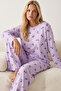 Lilac Bow Patterned Soft Tuşe Winter Knitted Pajamas Set 8072