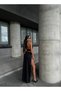 Women's Black Halter Neck Metal Ring Detailed Backless Crop Top and Side Slit Maxi Skirt Two-Piece Set - 3