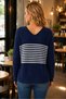 Women's Front and Back V-Neck Long Sleeve Bat Sleeve Striped Contrast Detailed Casual Navy Blue Stone Knitwear Sweater - 3