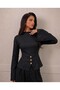 High Collar Spanish Sleeve Gold Buttoned Peplum Blouse - 3