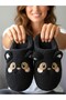 Panda Patterned Fluffy Wool Women's Black House Slippers Winter Dowry and Bundle Slippers Non-Squeaky Soft
