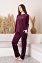 Velvet Women's Pajama Set - Purple Embroidery Patterned Super Soft Fabric with Pockets 2598Uk - 2