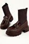 Women's Brown Leather Knitwear Detailed High-Sole Boots - 3