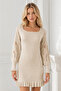 Women's U-Neck Long Sleeve Lace Detailed Skirt with Ruffles, Body-Fitting Stretchy Beige Knitwear Tunic Dress - 6