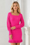 Women's U-Neck Long Sleeve Lace Detailed Skirt with Ruffles Bodycon Stretchy Fuchsia Knitwear Tunic Dress - 2
