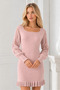 Women's U-Neck Long Sleeve Lace Detailed Skirt with Ruffles Body-Fitting Stretchy Powder Knitwear Tunic Dress - 2