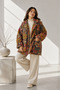 Women's Ethnic Embroidery Patterned Oversized Plush Coat - Loose Pocketed Teddy Jacket - 3