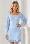 Women's U-Neck Long Sleeve Lace Detailed Skirt Ruffle Fit Stretchy Baby Blue Knitwear Tunic Dress - 5