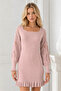 Women's U-Neck Long Sleeve Lace Detailed Skirt with Ruffles Body-Fitting Stretchy Powder Knitwear Tunic Dress - 5