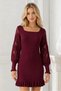 Women's U-Neck Long Sleeve Lace Detailed Skirt Ruffled Body Fitting Stretchy Burgundy Knitwear Tunic Dress - 5