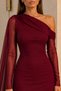 Women's Asymmetrical Collar Shawl Detailed Lined Tulle Sandy Burgundy Maxi Dress - 3