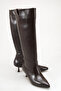 Women's Brown Matte Patent Leather Pointed Toe Thin Heeled Western Style Non-Zipper Below the Knee Boots - Comfortable to Wear