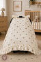 Unisex baby 100% cotton muslin swaddle blanket with teddy bear print and ruffle detail for stroller use. - 4