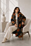 Women's Floral Patterned Felt Coat – Oversized Double-Breasted Collar Winter Long Coat - 2