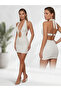 Women's Stone Detailed Windowed Low-Cut Mini Dress - Halter Neck Shiny Evening Dress - 4
