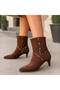 Women's Suede-Look Pointed-Toe 5 cm Wood-Patterned Heeled Boots – Stylish Winter Boots with Warm Inner Lining, Non-Slip Sole, and Troc Detail - 2