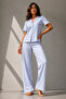 Women's Classic Natural Button Night Blue Pajama Set - 5