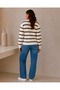 Women's Striped Crew Neck Gold Buttoned Knitwear Cardigan - 3