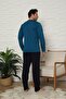 Long Sleeve Buttoned Collar Indigo Color Men's Pajama Set - 2
