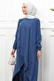 Navy Blue Asymmetrical Cut Tunic with Elastic Sleeves and Trousers Set - 2