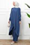 Navy Blue Asymmetrical Cut Tunic with Elastic Sleeves and Trousers Set - 3