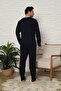 Long Sleeve Buttoned Collar Navy Blue Color Men's Pajama Set - 3