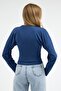 Women's Long Sleeve Fitted Blue Crop Blouse - 4