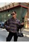 Navy Blue Plaid Oversized Buttoned Trench Jacket