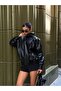 High Collar Textured Oversize Leather Jacket - 7