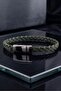 Khaki Green Braided Hard Leather Anthracite Metal Magnet Men's Bracelet M061B - 2