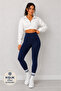 Women's Dark Blue High Waist Winter Fleece Lined Ribbed Leggings - 3