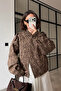 Leopard Pattern Double Layered Standing Collar Zippered Jacket Brown - 2