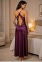 Women's Plum Color Long Satin Nightgown with Lace Detail on the Chest and Back, Crossed Thin Straps, and Slit - Dowry Wear - 2